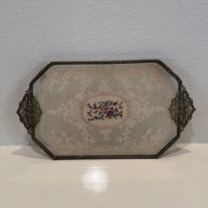 Antique 1920s Floral Lace Vanity Tray, Ornate Brass Filigree